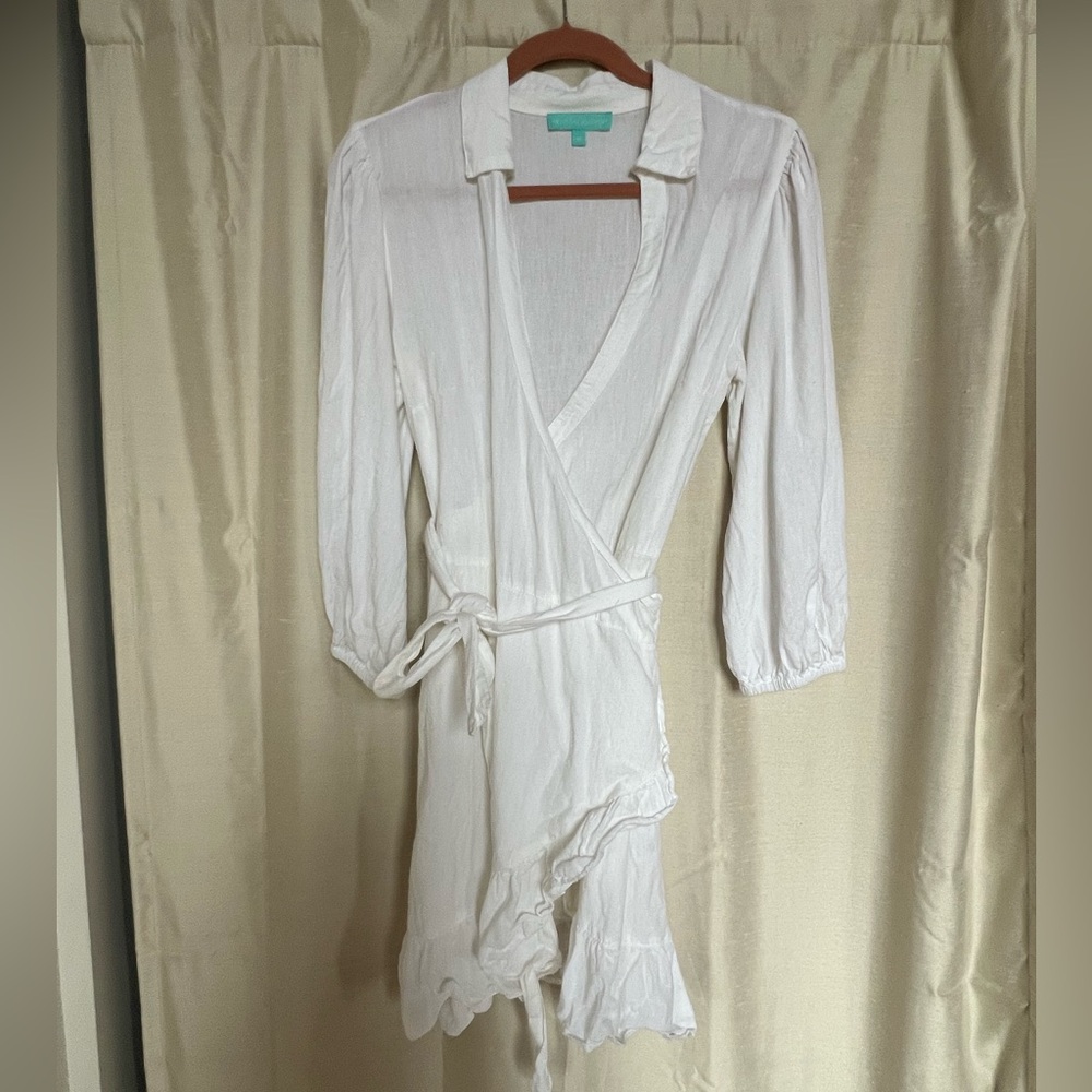 White linen blend wrap mini dress